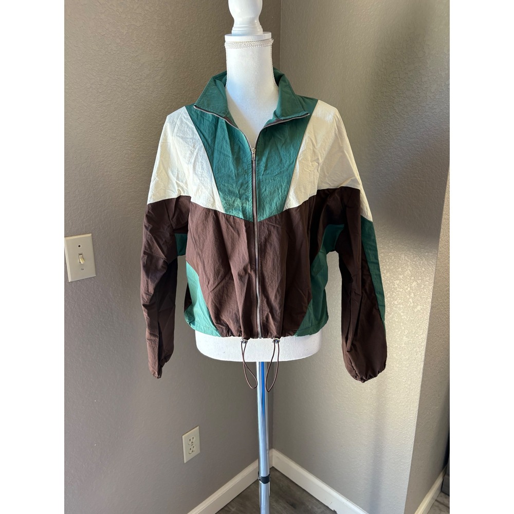 Cider Womens Large Colorblock Windbreaker Jacket Green‎ Brown Full Zip NWT